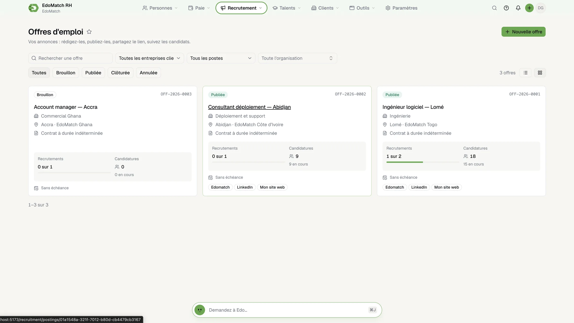 EdoMatch HR Suite: the list of job offers, each with its applications and hires.